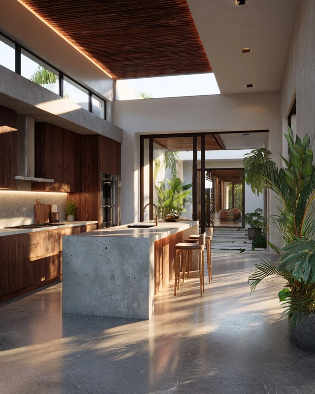 Modern Tropical Kitchen Design Dark Wood Concrete