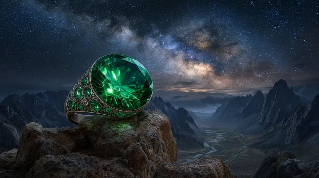 Green Sapphire Gem in Cosmic Night Sky