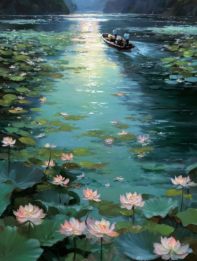 Lotus Lake Midnight Oil Painting