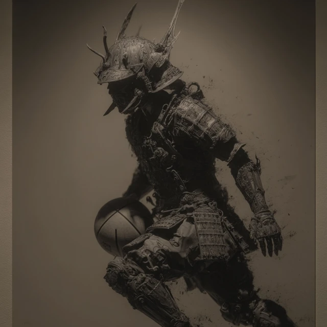 Samurai Playing Basketball Black and White Photo