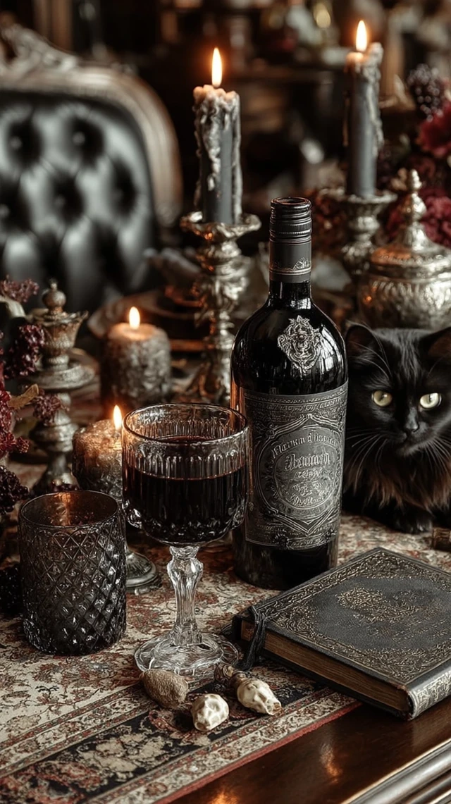 Halloween Goth Romance Black Cat Candles and Wine