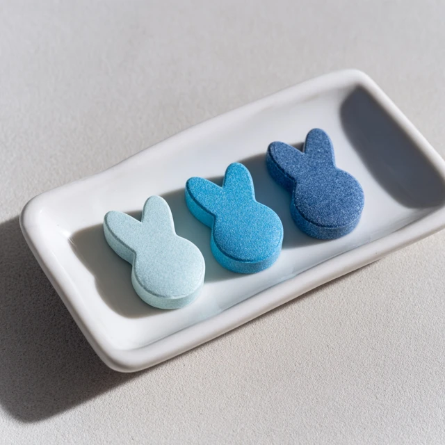 Bunny Pills on Tray Minimalist Blue Tones