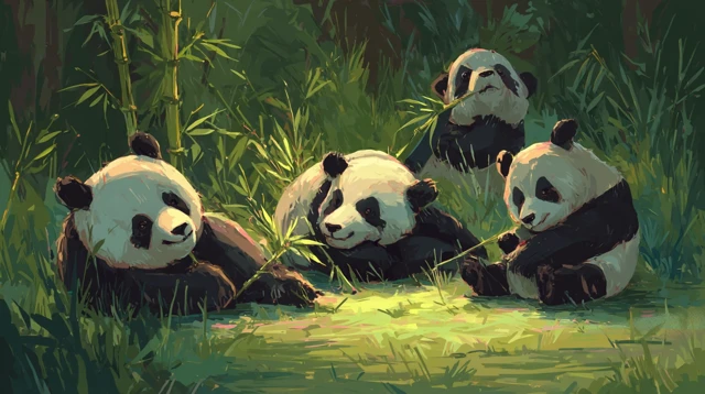 Pandas Eating Bamboo and Playing in the Green Grass