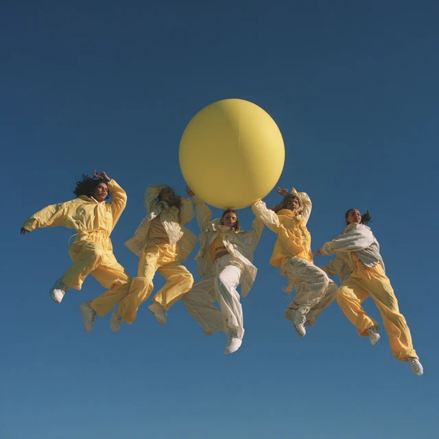 Models in Yellow Leap against Blue Sky Editorial Fashion