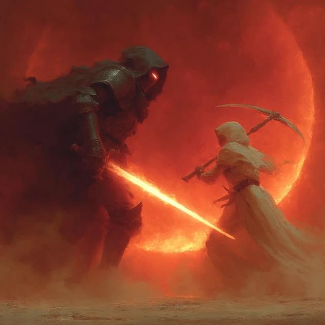Holy Knight Battles Grim Reaper Fantasy Art
