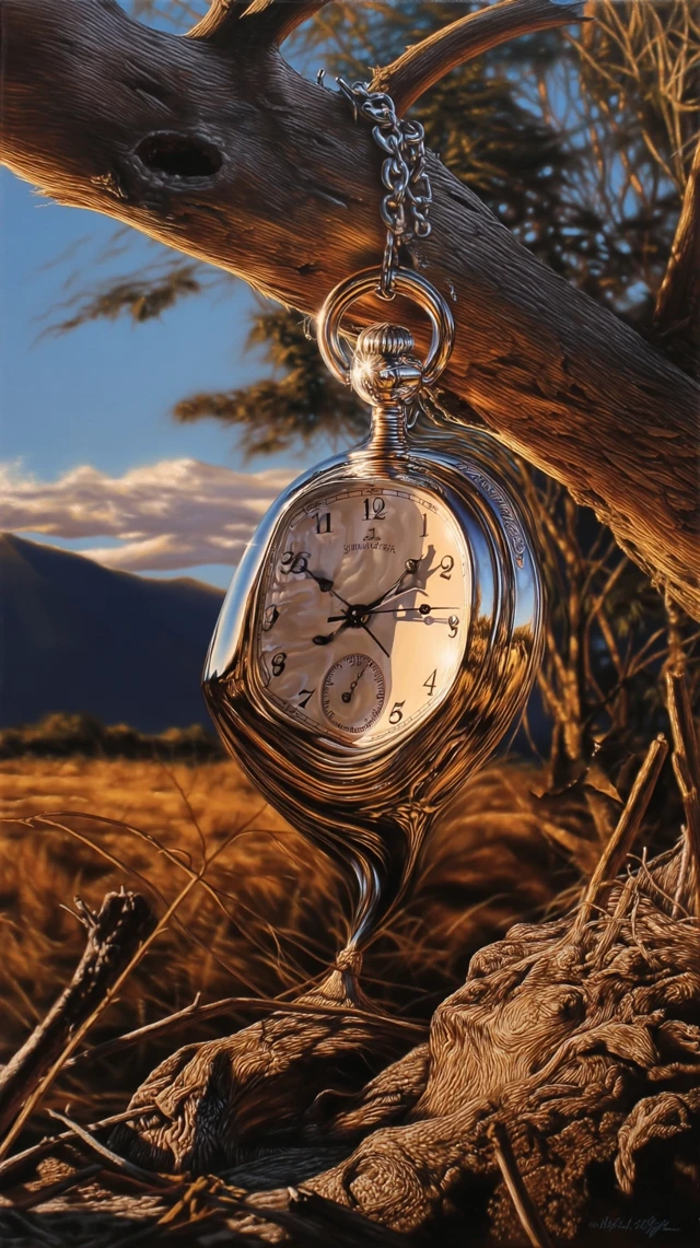 Melting Pocket Watch on Branch: Surreal Oil Painting