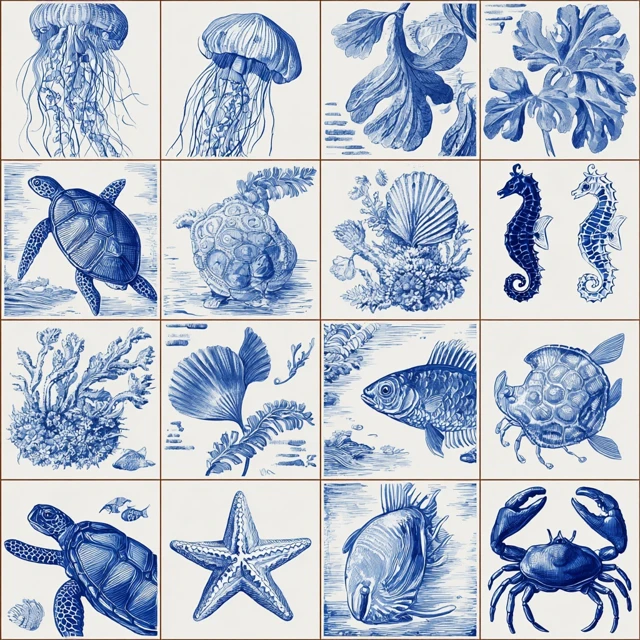Blue and White Porcelain Tile Pattern Marine Life