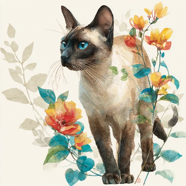 Watercolor Siamese Cat with Flowers Illustration
