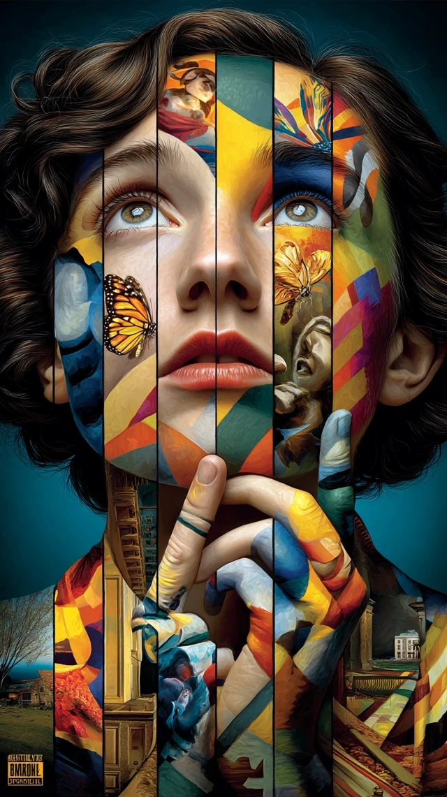 Woman Face Divided Puzzle Art in Vibrant Styles