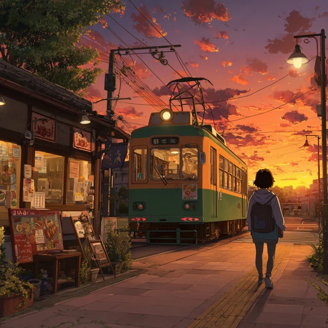 Studio Ghibli Sunset City Scene with Tram