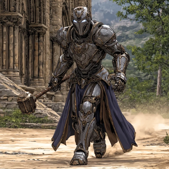 Photorealistic Warforged Knight with Mace and Thunder Gauntlets