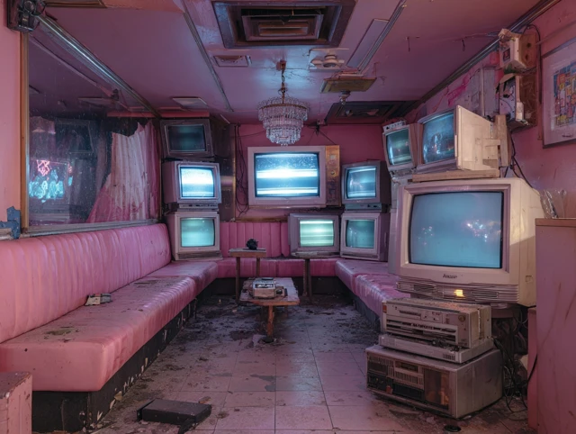Abandoned Karaoke Bar Interior Retro Pink Tones