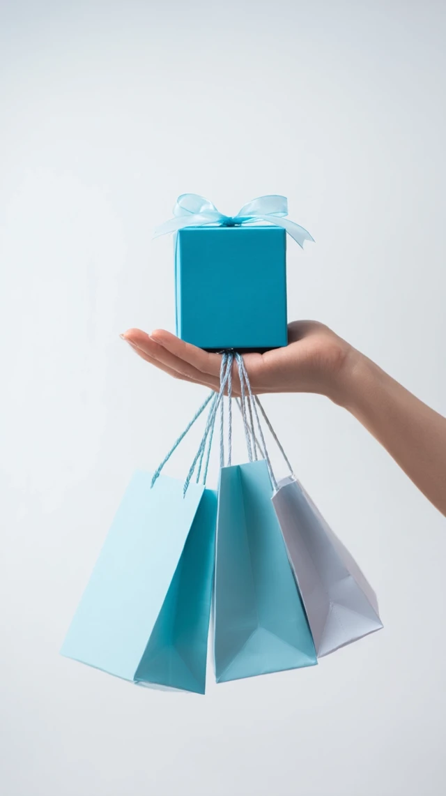 Shopping Rewards Hand Holding Gift Box and Bags