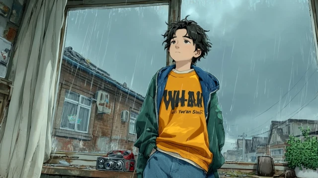 Chinese Anime Boy Looking Out Window Reflective Mood