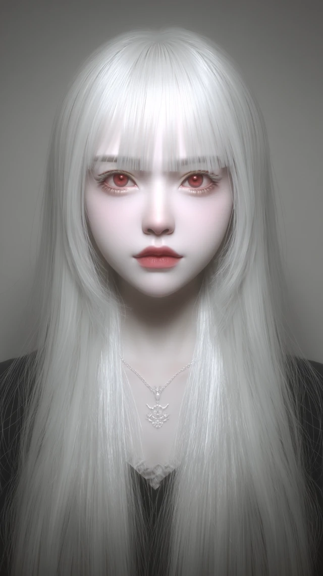 Portrait of a Woman with Red Eyes and White Hair