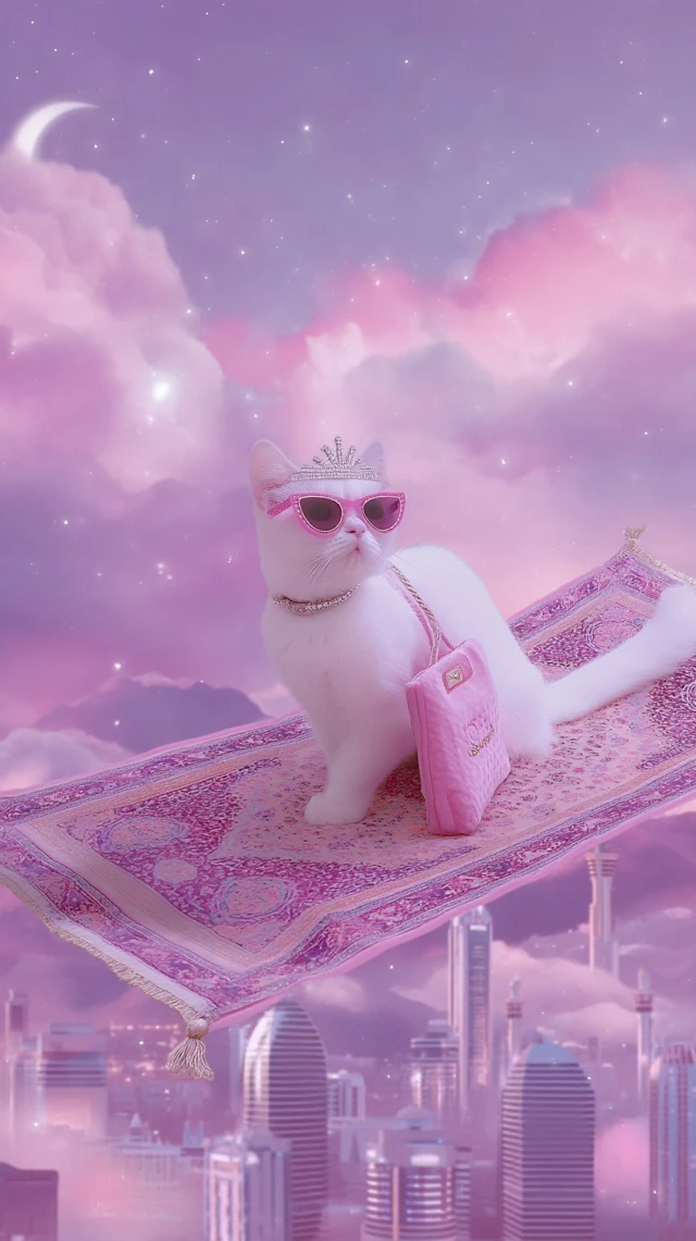 Glamorous Cat Riding Carpet Over City Pink Aesthetic