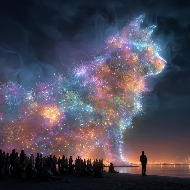Fireworks Cat Over Futuristic Tokyo 2432