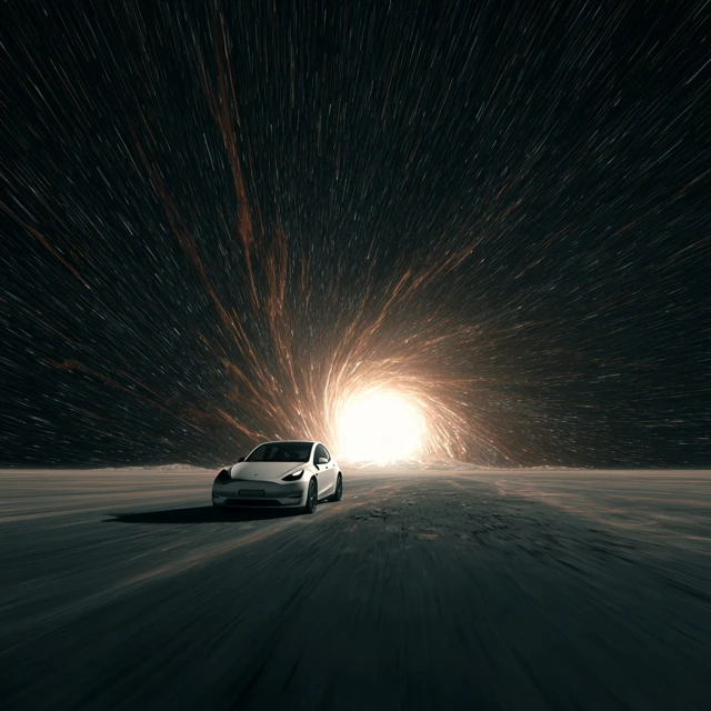 Tesla Model Y Races Through Black Hole Epic Scene