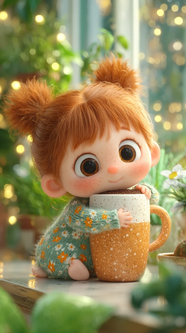 Cute Baby Girl Hugging Giant Coffee Cup 3D Render