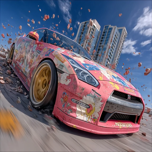 Nissan GTR Anime Style Crashing Through Glass