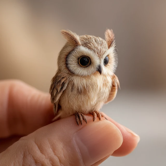 Tiny Owl Perched on Fingertip Hyper Realistic Photo
