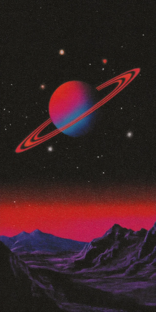 70s Retro Space Art Saturn Rings Planets Stars Graphic Design