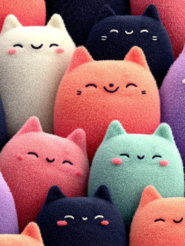 Kawaii Plush Cat Pattern - Soft and Cute Fabric Design