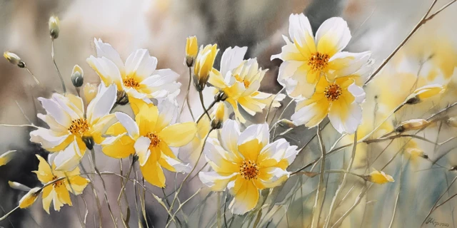 Watercolor Painting Yellow and White Flowers