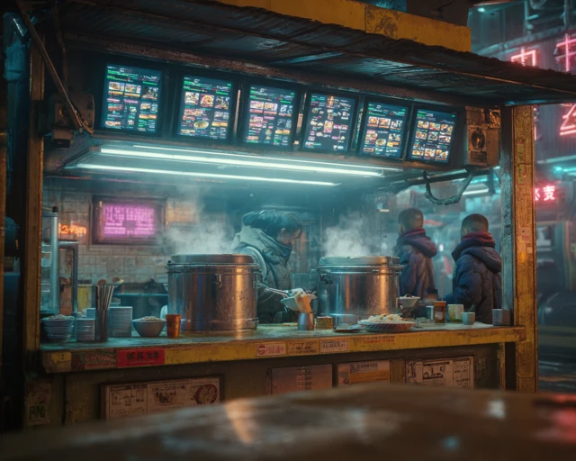 Cyberpunk Noodle Stall Neon City Lights