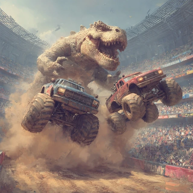 Dinosaurs vs Monster Trucks in Monster Jam Arena