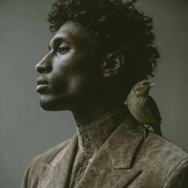 Man in Corduroy Suit with Goldfinch on Shoulder