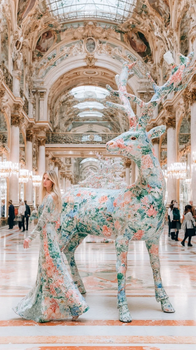 Elegant Woman and Floral Deer Luxury Interior