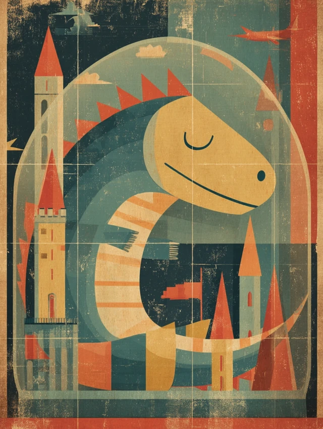 Dinosaur in Crystal Castle Mid Century Illustration