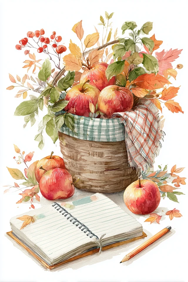 Autumn Basket Illustration Apples Leaves Notebook