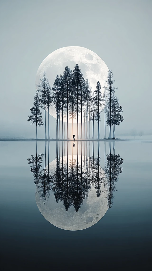 Moonlit Lake Reflection: Pine Trees and Mist
