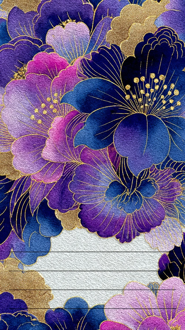 Watercolor Japanese Floral Pattern Gold Blue Purple