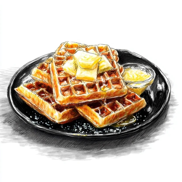 Waffle with Butter Sketch on Black Plate