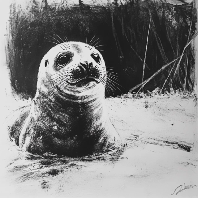 Monochrome Charcoal Drawing of a Seal Pup on Ice