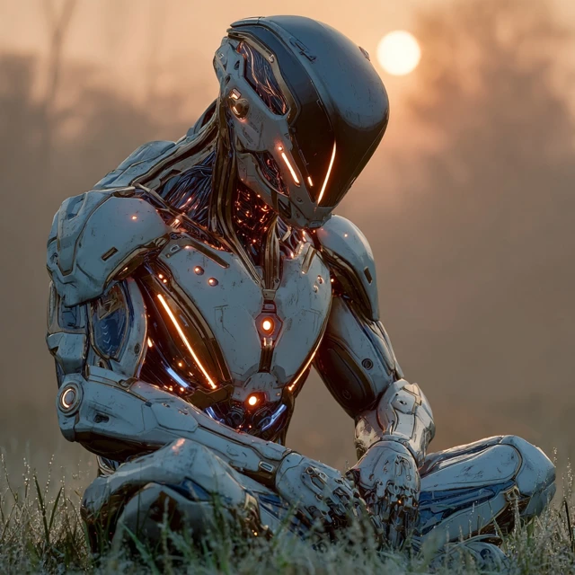 Futuristic Warrior Meditating at Sunrise