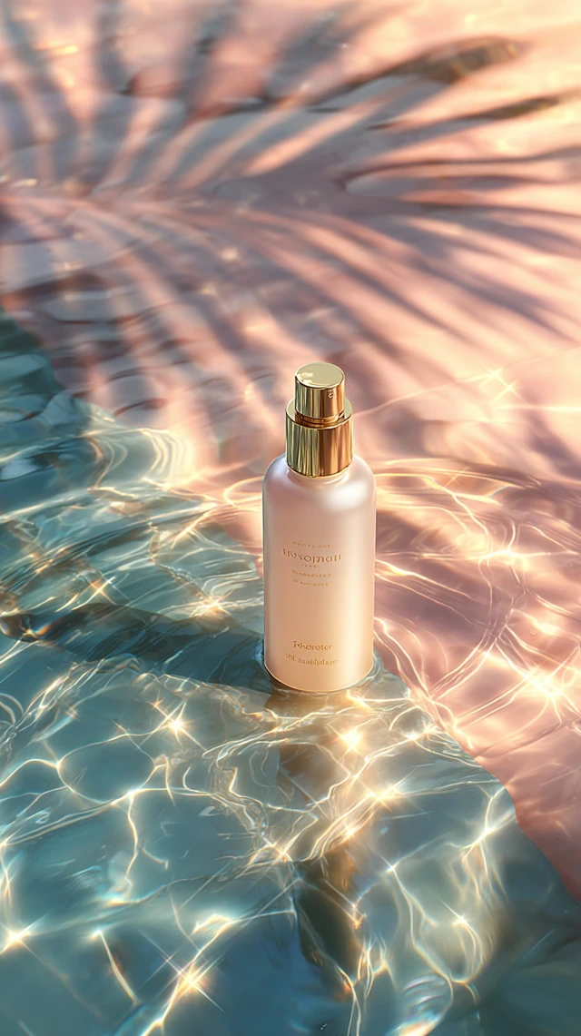 Elegant Body Lotion Bottle on Water Golden Hour
