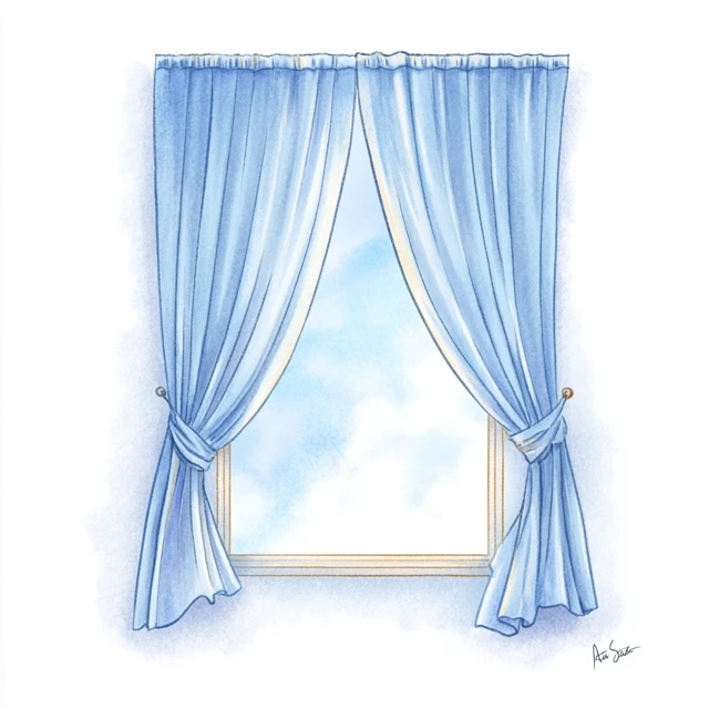 Window with Blue Curtain Childrens Illustration