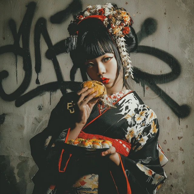 Japanese Girl Eats Sushi Banksy Style Art