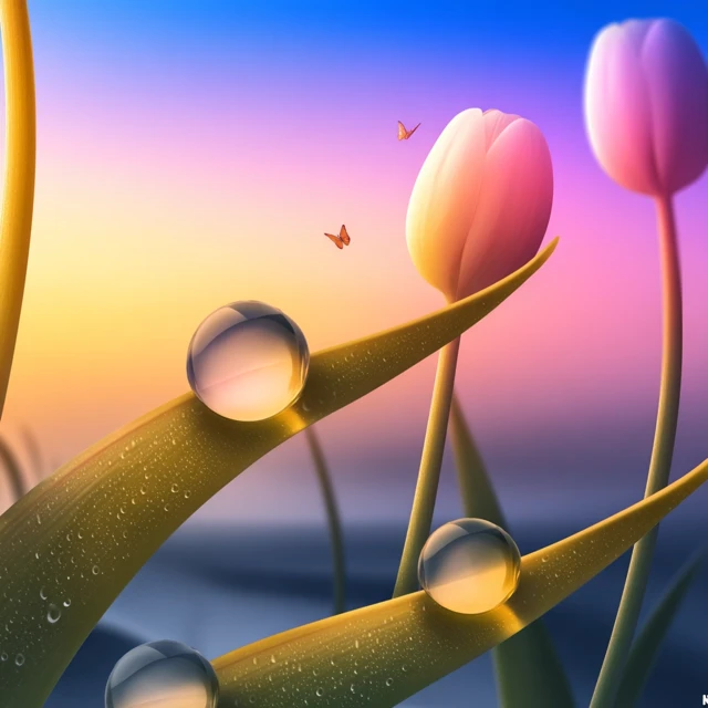 Spring Sunset Tulips and Butterflies