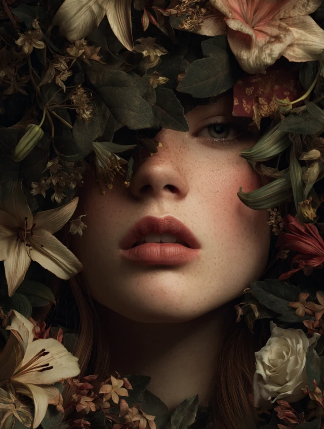 Surreal Woman Portrait Flowers and Foliage