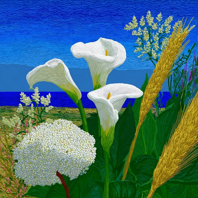Calla Lilies Hydrangeas Wheat Fields David Hockney Style