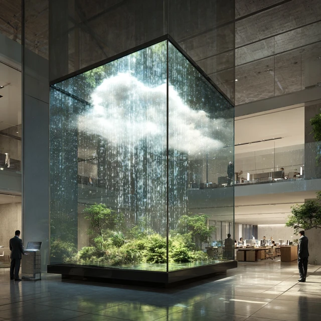 Modern Office Interior Glass Cube Garden and Data Rain