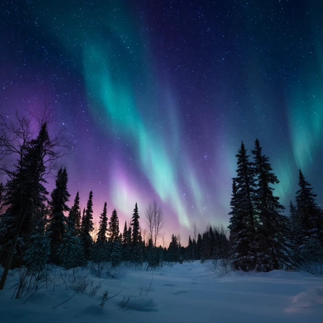 Northern Lights Over Snowy Forest