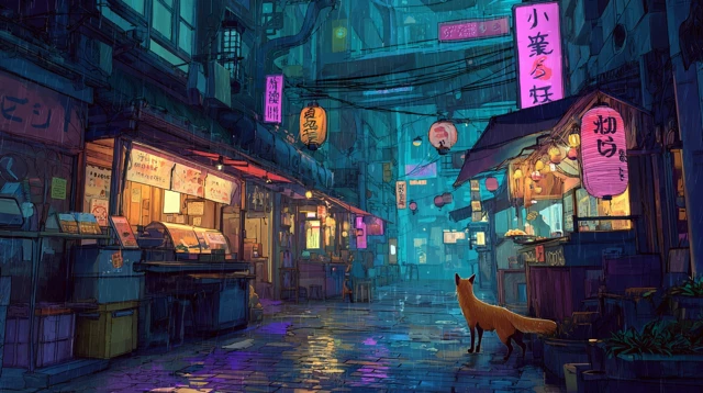 Cyberpunk Fox in a Rainy Japanese Market