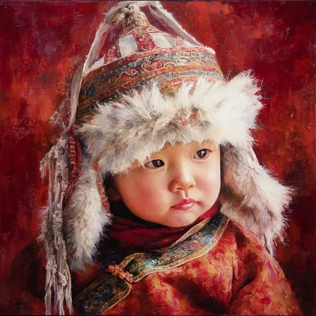 Mongolian Baby Portrait In Traditional Attire