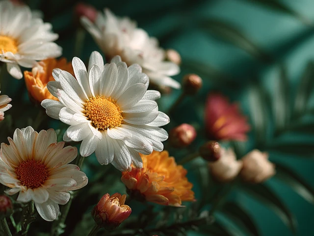Orange and White Daisies on Green Background